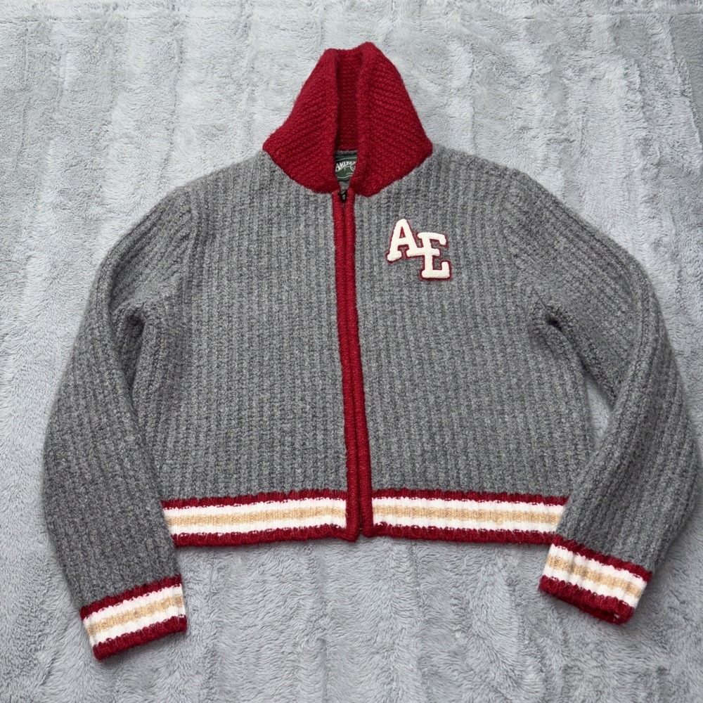 American Eagle Vintage Letterman Sweater Womens Medium Gray Red Knit Zip Up Crop